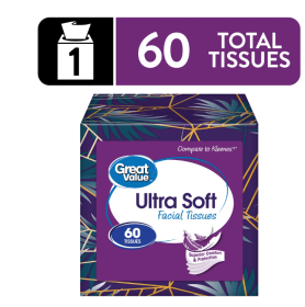 Great Value Ultra Soft Facial Tissues, 1 Cube, 60 Tissues per Cube, 3-Ply